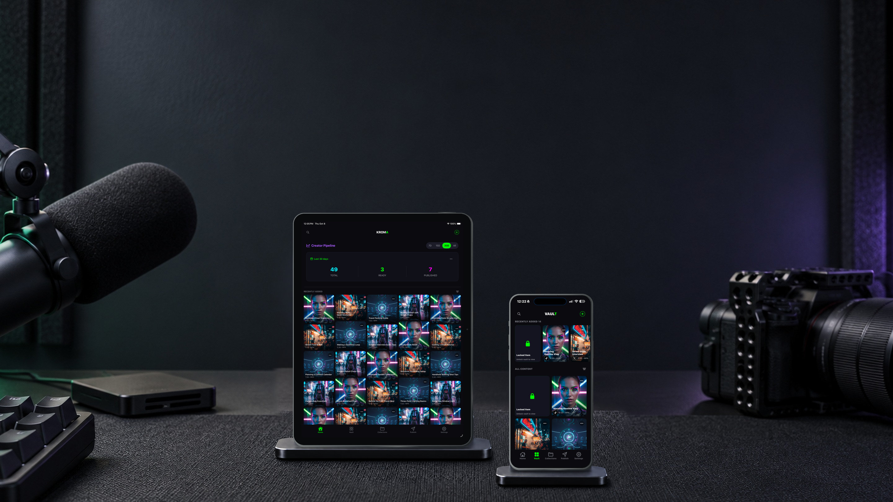 Kroma open on an iPad and an iPhone, standing on a dark creator desk beside a podcast microphone and a cinema camera.